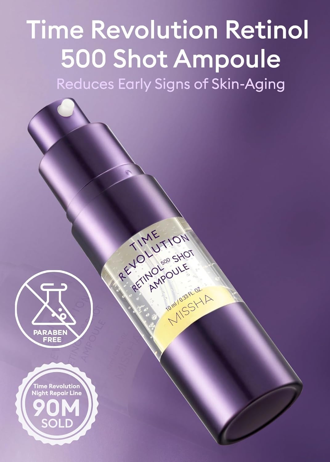 MISSHA Time Revolution Night Repair Retinol Intensive Ampoule 0.33 Fl oz - Advanced Korean Facial Serum for Skin Barrier Strengthening, Improved Elasticity, Radiance, Overnight Moisturization